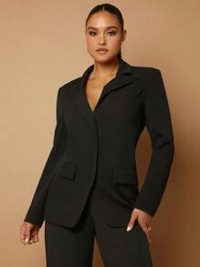 SHEIN BAE Cổ áo Chi tiết về Flap Ngực đơn Áo vest Không có áo ngực - màu đen - Xem 7