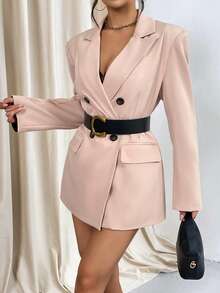 SHEIN Essnce 雙排釦翻蓋細節西裝外套不附腰帶 - 卡其色 - 查看 6