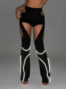 SHEIN ICON 反光帶鏤空喇叭褲 - 黑色 - 查看 3