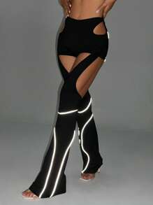 SHEIN ICON 反光帶鏤空喇叭褲 - 黑色 - 查看 1