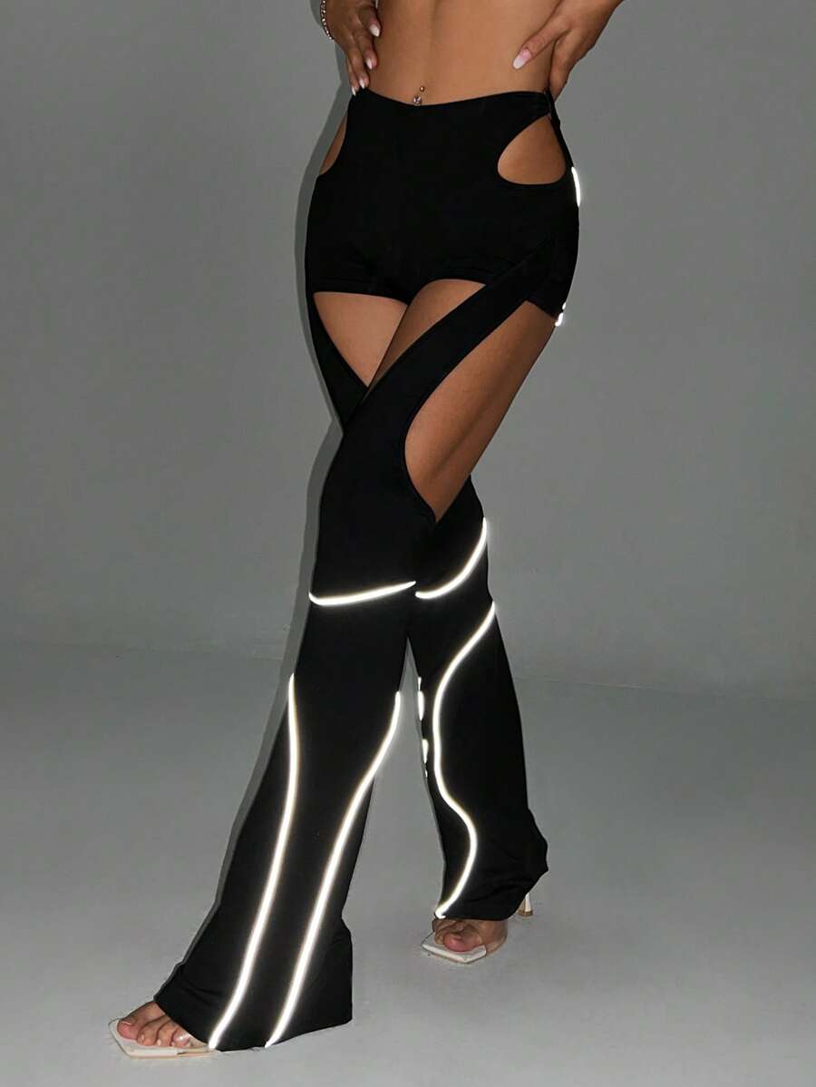 SHEIN ICON 反光帶鏤空喇叭褲 - 黑色 - 查看 1