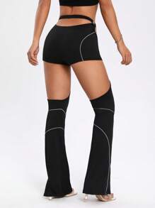 SHEIN ICON 反光帶鏤空喇叭褲 - 黑色 - 查看 4