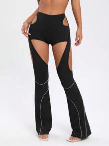 SHEIN ICON 反光帶鏤空喇叭褲 - 黑色 - 查看 5