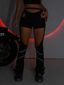 SHEIN ICON 反光帶鏤空喇叭褲 - 黑色 - 查看 7