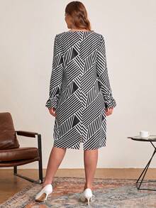 EMERY ROSE 大碼條紋印花喇叭袖連衣裙 - 黑與白 - 查看 2