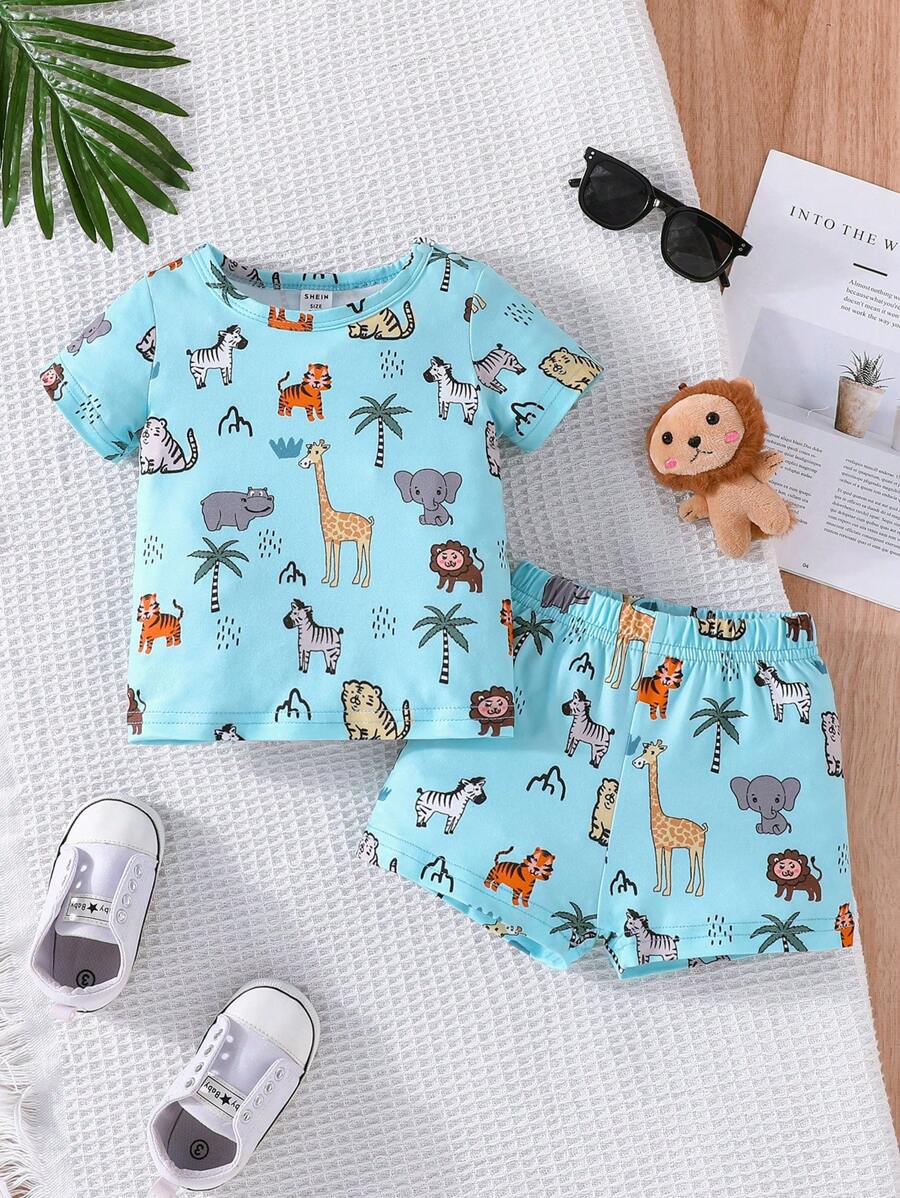 Baby Boy Animal & Palm Tree Print Tee & Shorts - Blue - View 1