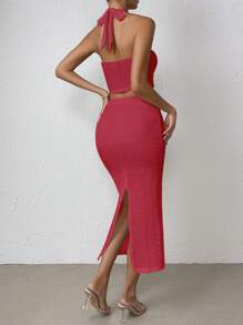 SHEIN SXY Solid Halter Top & Split Back Skirt - Hot Pink - View 2