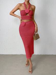 SHEIN SXY Solid Halter Top & Split Back Skirt - Hot Pink - View 3