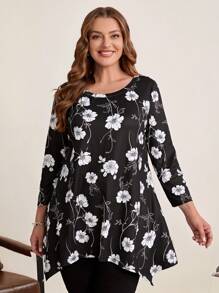 EMERY ROSE Plus Floral Print Asymmetrical Hem Tee - Black and White - View 3