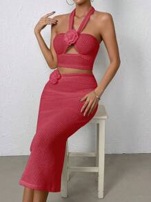 SHEIN SXY Solid Halter Top & Split Back Skirt - Hot Pink - View 4