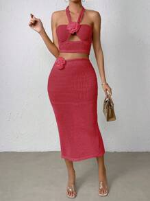 SHEIN SXY Solid Halter Top & Split Back Skirt - Hot Pink - View 5
