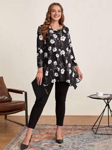EMERY ROSE Plus Floral Print Asymmetrical Hem Tee - Black and White - View 5