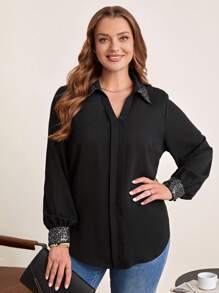 EMERY ROSE Plus Contrast Sequin Lantern Sleeve Shirt - Black - View 1