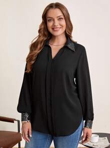EMERY ROSE Plus Contrast Sequin Lantern Sleeve Shirt - Black - View 3