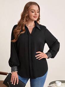 EMERY ROSE Plus Contrast Sequin Lantern Sleeve Shirt - Black - View 4