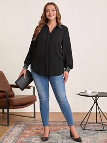 EMERY ROSE Plus Contrast Sequin Lantern Sleeve Shirt - Black - View 6