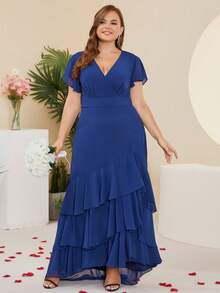 Plus Butterfly Sleeve Ruffle Trim Chiffon Bridesmaid Dress - Navy Blue - View 6
