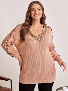 EMERY ROSE Hơn Tương phản Sequin Thả vai Áo len - Màu Hồng  San hô - Xem 4