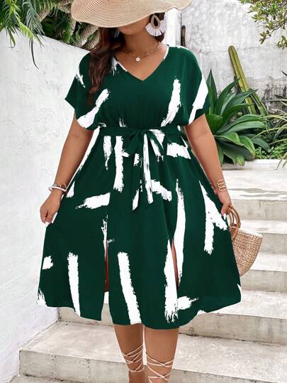 Breezaya Plus Brush Print Batwing Sleeve Split Thigh Belted Dress