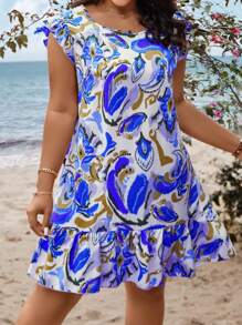 SHEIN Clasi Plus Allover Print Ruffle Hem Smock Dress - Multicolor - View 1