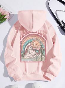 SHEIN EZwear Mountain & Letter Graphic Drawstring Thermal Lined Hoodie - Pink - View 1