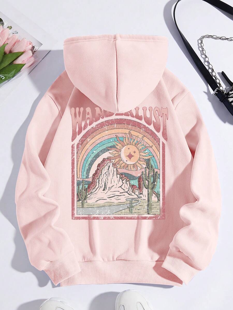 SHEIN EZwear Mountain & Letter Graphic Drawstring Thermal Lined Hoodie - Pink - View 1