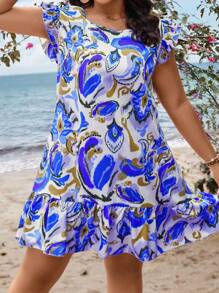 SHEIN Clasi Plus Allover Print Ruffle Hem Smock Dress - Multicolor - View 3