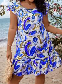 SHEIN Clasi Plus Allover Print Ruffle Hem Smock Dress - Multicolor - View 4