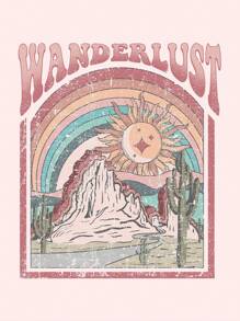 SHEIN EZwear Mountain & Letter Graphic Drawstring Thermal Lined Hoodie - Pink - View 4