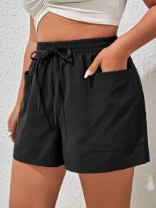 SHEIN VCAY Plus Drawstring Waist Pocket Patched Shorts - Black - View 3