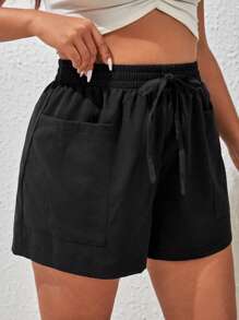 SHEIN VCAY Plus Drawstring Waist Pocket Patched Shorts - Black - View 5