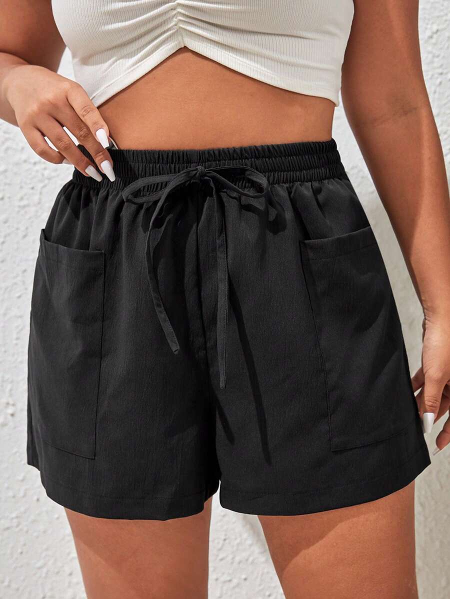 SHEIN VCAY Plus Drawstring Waist Pocket Patched Shorts - Black - View 1
