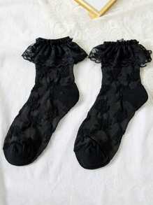 ROMWE Random 3pairs Women Solid Bow Decor Frill Crew Socks - Black - View 2