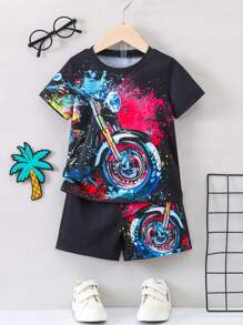 男小童摩托車印花T恤和短褲 - 黑色 - 查看 1
