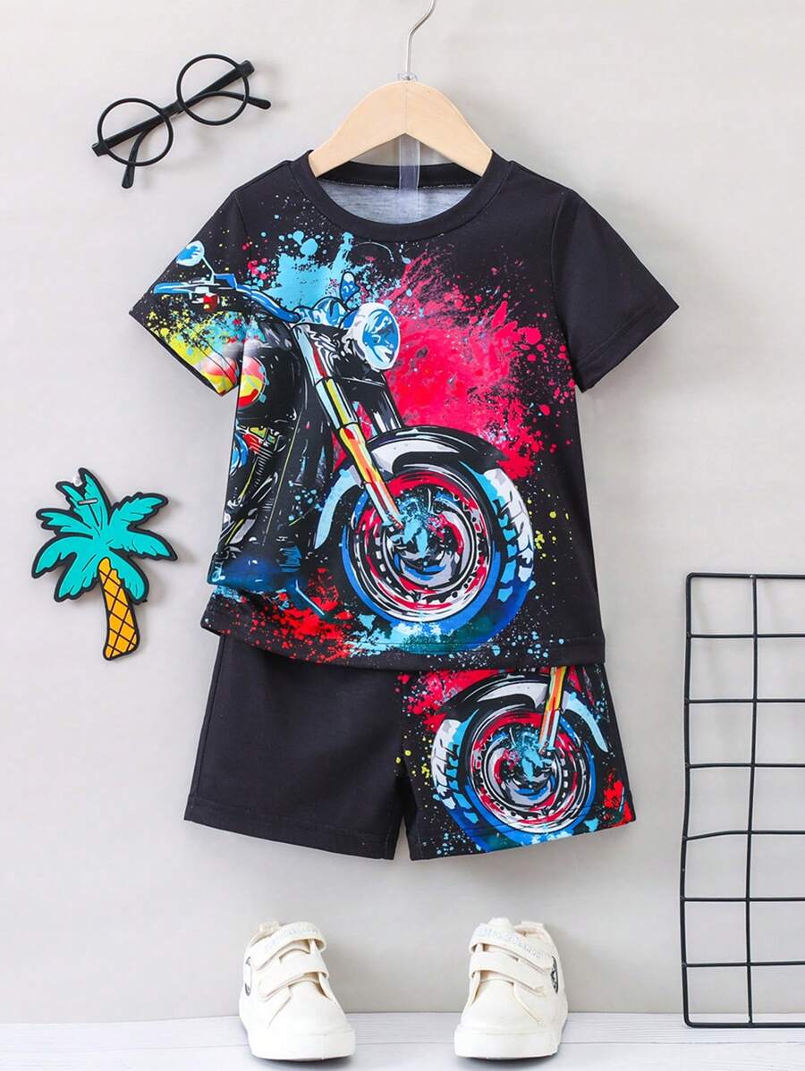 男小童摩托車印花T恤和短褲 - 黑色 - 查看 1