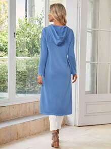 EMERY ROSE 斜口袋高低下擺抽繩連帽衫 - 藍色 - 查看 3