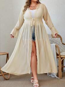 SHEIN Swim Curve 加上花边饰边结前雪纺和服，适合夏季海滩度假 - 杏色 - 查看 3