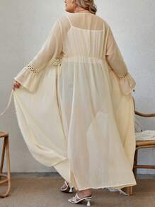 SHEIN Swim Curve 加上花边饰边结前雪纺和服，适合夏季海滩度假 - 杏色 - 查看 2