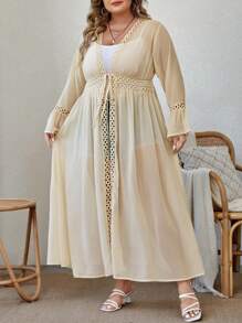 SHEIN Swim Curve 加上花边饰边结前雪纺和服，适合夏季海滩度假 - 杏色 - 查看 4