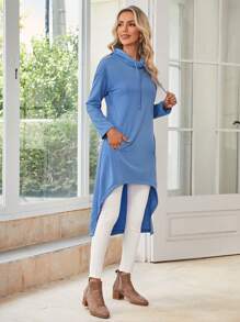 EMERY ROSE 斜口袋高低下擺抽繩連帽衫 - 藍色 - 查看 4