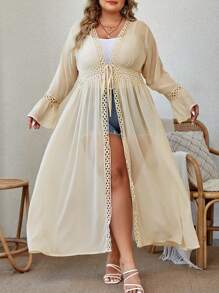 SHEIN Swim Curve 加上花边饰边结前雪纺和服，适合夏季海滩度假 - 杏色 - 查看 5