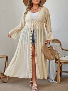 SHEIN Swim Curve 加上花边饰边结前雪纺和服，适合夏季海滩度假 - 杏色 - 查看 1