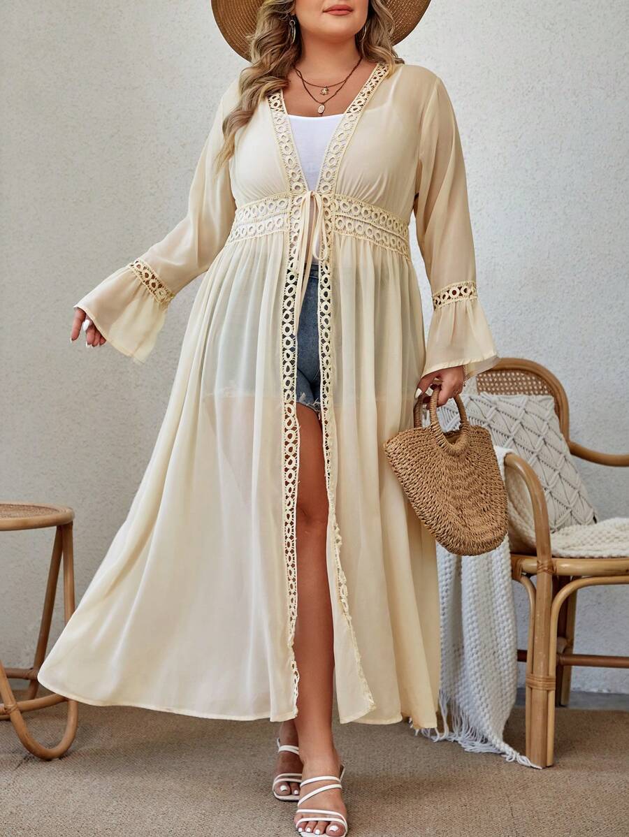 SHEIN Swim Curve 加上花边饰边结前雪纺和服，适合夏季海滩度假 - 杏色 - 查看 1