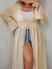 SHEIN Swim Curve 加上花边饰边结前雪纺和服，适合夏季海滩度假 - 杏色 - 查看 6