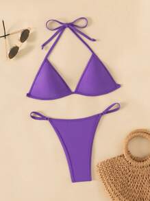 Halter Triangle Thong Bikini Set - Purple - View 1