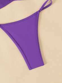 Halter Triangle Thong Bikini Set - Purple - View 3