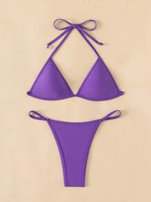 Halter Triangle Thong Bikini Set - Purple - View 5