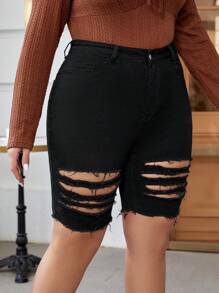 SHEIN Essnce 大碼破洞毛邊牛仔短褲 - 黑色 - 查看 4