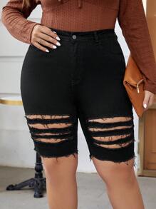 SHEIN Essnce 大碼破洞毛邊牛仔短褲 - 黑色 - 查看 5