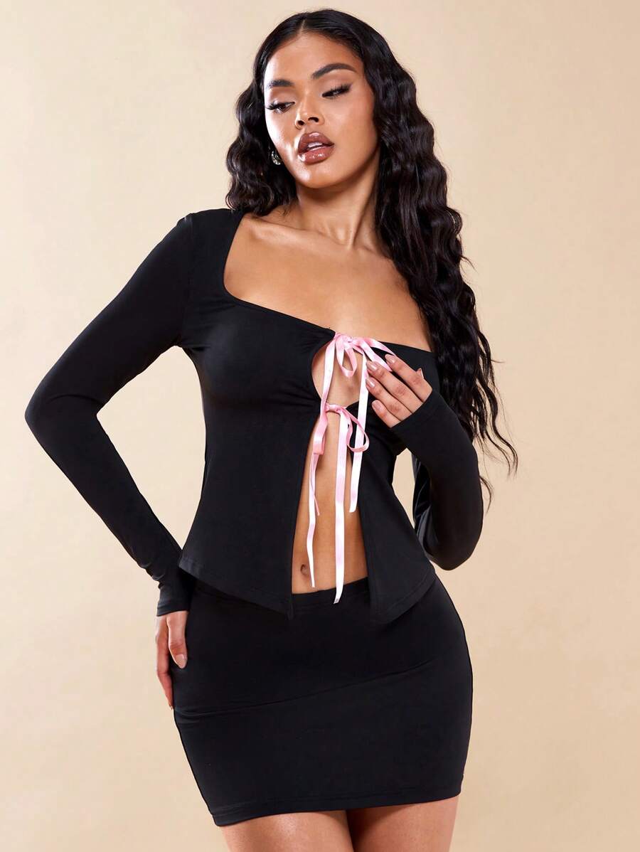 SHEIN BAE Tie Front Crop Tee - Black - View 1